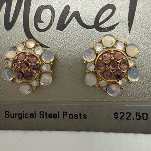 NWT Vintage Monet Gold and Pink Cluster Opalescent Earrings